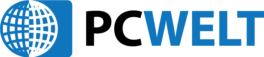 das Logo der Firma PC-Welt in schwarzen und blauen Großbuchstaben